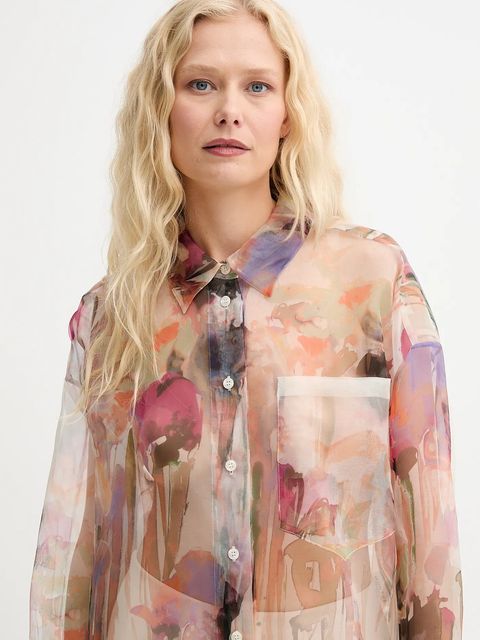 MUNTHE koszula jedwabna PRIAM damska kolor beżowy relaxed z kołnierzykiem klasycznym 252103025219