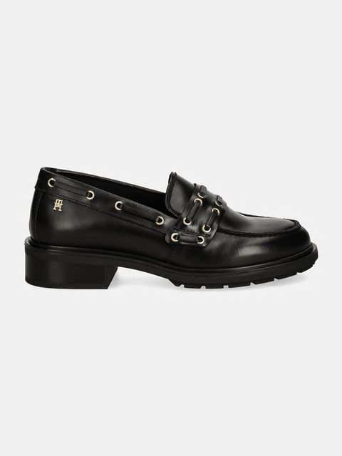 Tommy Hilfiger mokasyny skórzane NAUTICAL EYELETS LEATHER LOAFER damskie kolor czarny na platformie FW0FW08148
