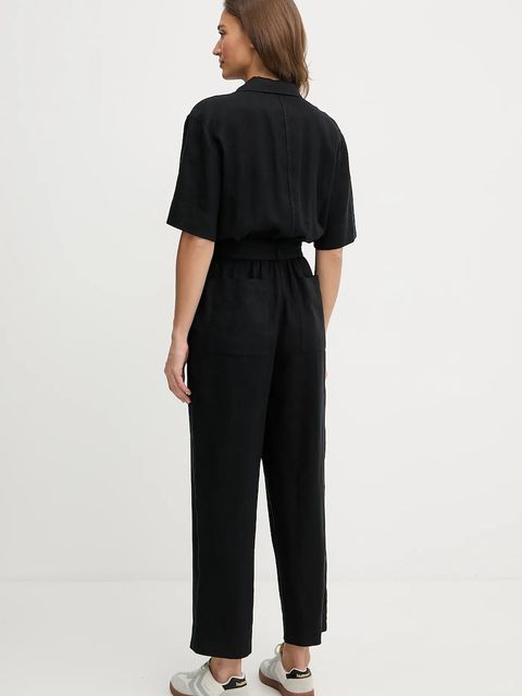 Tommy Hilfiger kombinezon lniany kolor czarny z kołnierzykiemm WW0WW47168