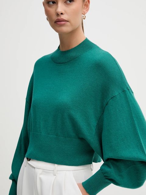 United Colors of Benetton sweter z dodatkiem wełny damski kolor zielony lekki z półgolfem 1Y6SD2041