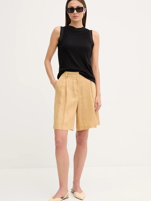 Sisley szorty lniane damskie kolor zielony gładkie high waist 4AGHL901K