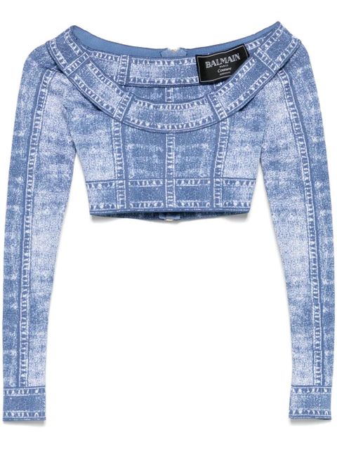 Balmain trompe l'oeil-print crop top - Blue - zdjęcie produktu nr 1