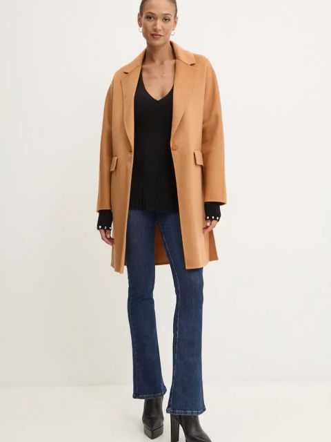 Patrizia Pepe płaszcz wełniany kolor beżowy przejściowy