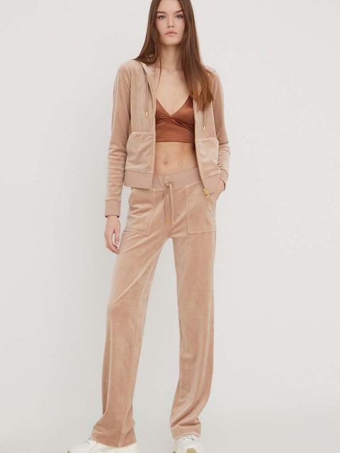Juicy Couture bluza welurowa kolor beżowy z kapturem gładka