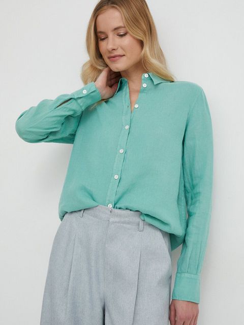 Mos Mosh koszula lniana kolor turkusowy regular z kołnierzykiem klasycznym