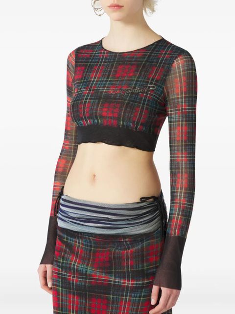 Jean Paul Gaultier tartan-patterned safety pin-print crop top - Red