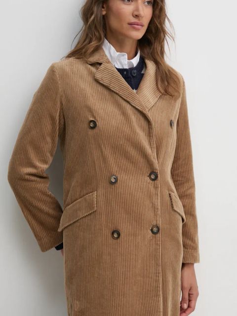 United Colors of Benetton płaszcz sztruksowy kolor brązowy przejściowy dwurzędowy 2HKTDN06L