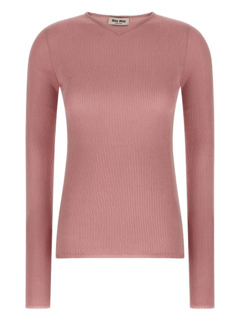 Miu Miu V-neck ribbed silk jumper - Pink - zdjęcie produktu nr 1