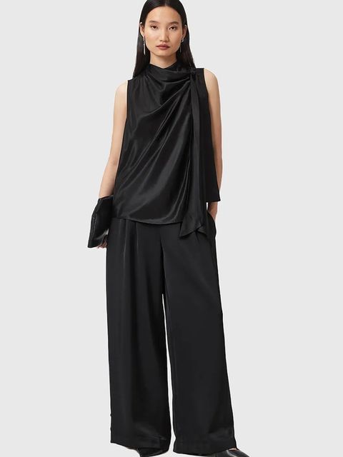 AllSaints spodnie LEANNE damskie kolor czarny szerokie medium waist W015TD