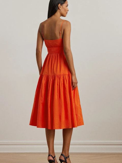 Lauren Ralph Lauren sukienka bawełniana kolor pomarańczowy midi rozkloszowana 200962758