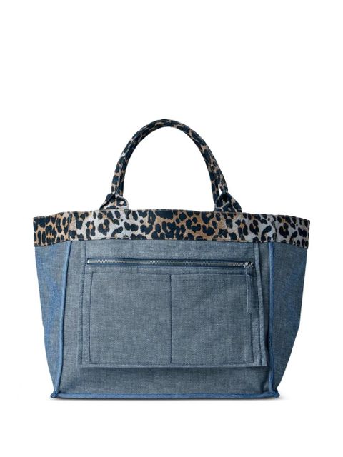 GANNI embroidered animal-print denim tote bag - Blue