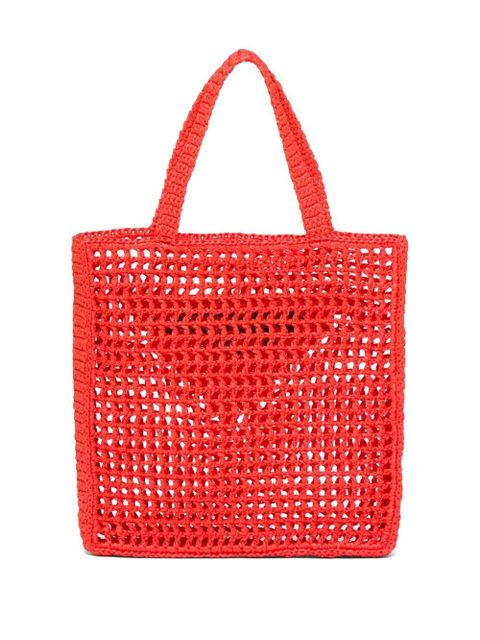 Prada triangle-logo crochet raffia tote bag - Orange