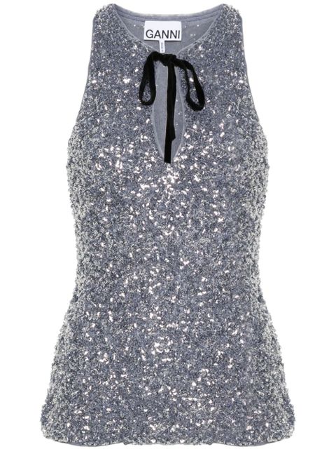 GANNI sequined split-neck top - Grey