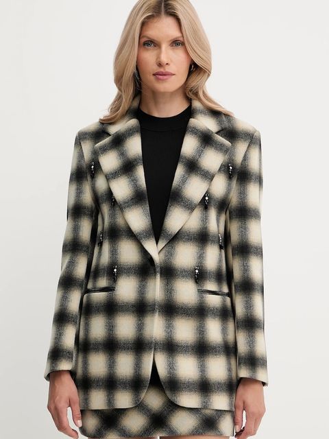 Liu Jo marynarka z domieszką wełny kolor beżowy dwurzędowa wzorzysta MF5193 T079A - zdjęcie produktu nr 1