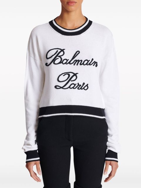 Balmain logo-embroidered crew-neck jumper - White