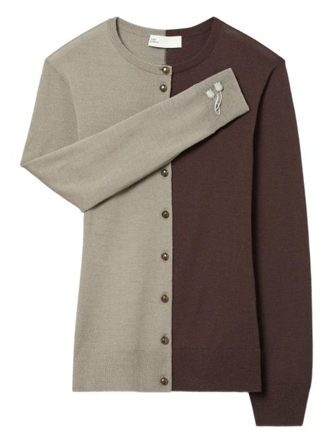 Tory Burch colourblock brooch wool cardigan - Grey