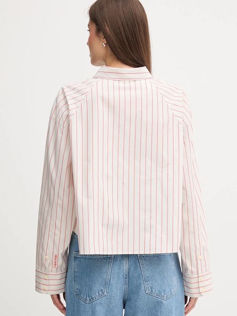 Calvin Klein Jeans koszula bawełniana damska kolor beżowy relaxed z kołnierzykiem klasycznym LV047C118G