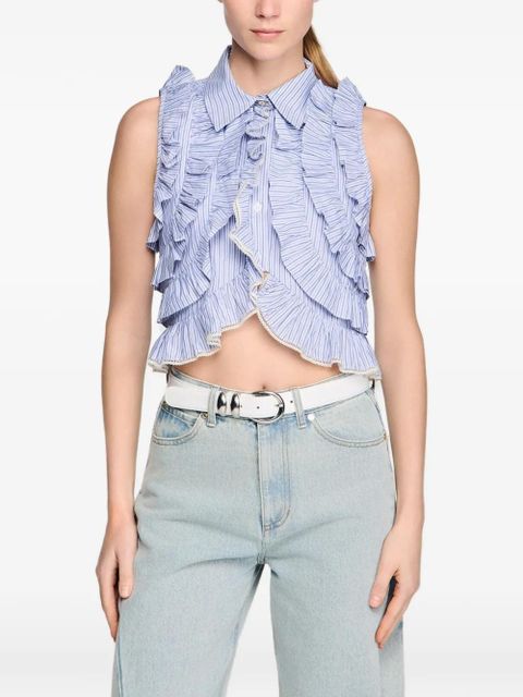 SANDRO striped-pattern ruffled blouse - Blue
