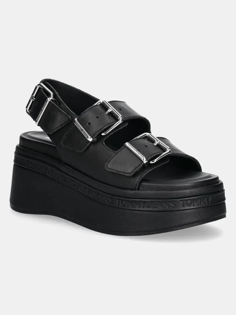 Tommy Jeans sandały skórzane WEDGE SANDAL damskie kolor czarny na platformie EN0EN02774 - zdjęcie produktu nr 1