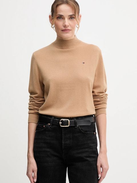 Tommy Hilfiger sweter wełniany damski kolor beżowy lekki z półgolfem WW0WW47468 - zdjęcie produktu nr 1