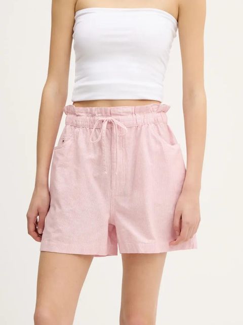 Tommy Jeans szorty z domieszką lnu damskie kolor różowy wzorzyste high waist DW0DW20360 - zdjęcie produktu nr 1