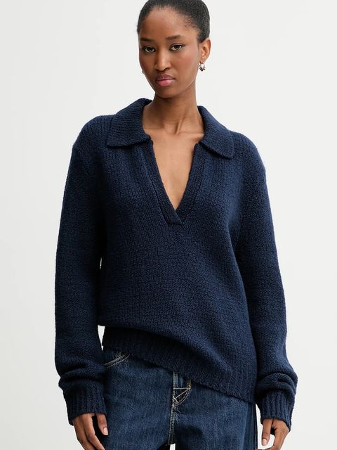 Calvin Klein Jeans sweter wełniany damski kolor granatowy ciepły LV144D341G - zdjęcie produktu nr 1