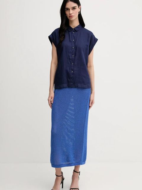 United Colors of Benetton koszula lniana kolor granatowy regular z kołnierzykiem klasycznym