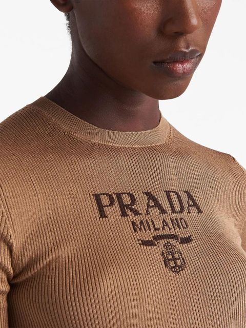 Prada logo-intarsia silk top - Brown - zdjęcie produktu nr 2