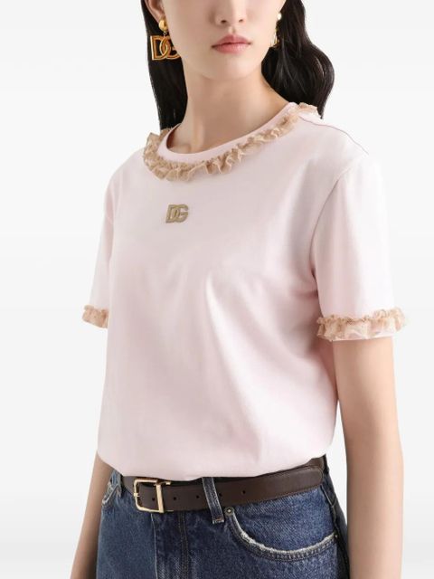 Dolce & Gabbana logo-embroidered ruffled T-shirt - Pink