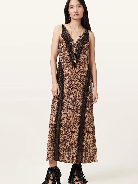 AllSaints sukienka MELIA kolor brązowy maxi rozkloszowana W103DC - zdjęcie produktu nr 1