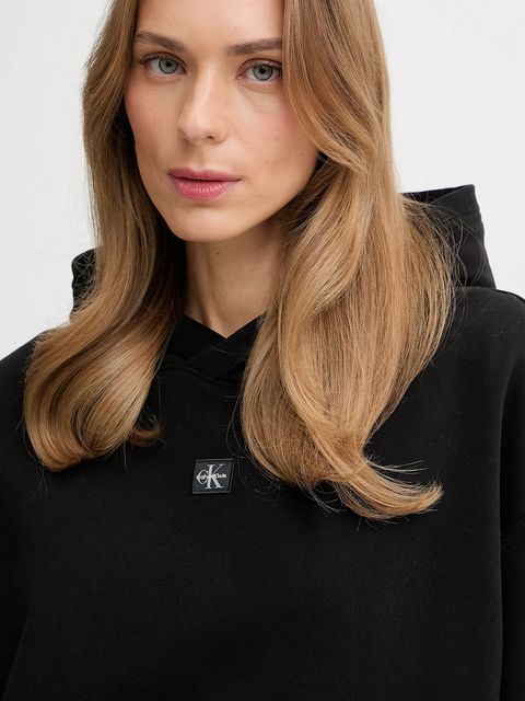 Calvin Klein Jeans bluza bawełniana damska kolor czarny z kapturem gładka LV047D232G