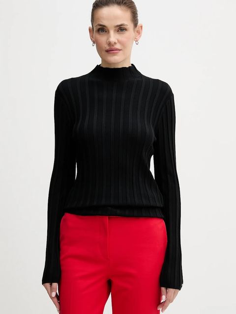 Tommy Hilfiger sweter damski kolor czarny lekki z półgolfem WW0WW47676 - zdjęcie produktu nr 1