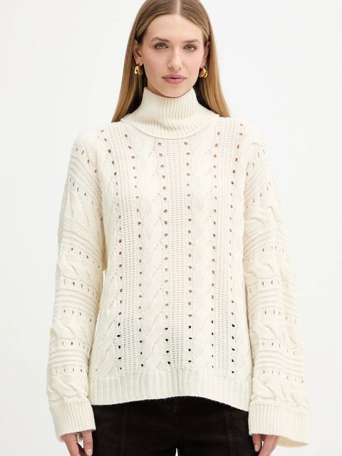 Twinset sweter z wełną damski kolor beżowy ciepły z golfem 252TT3101 - zdjęcie produktu nr 1