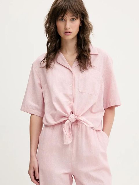 Tommy Jeans koszula z domieszką lnu damska kolor różowy relaxed z kołnierzykiem klasycznym DW0DW20286 - zdjęcie produktu nr 1