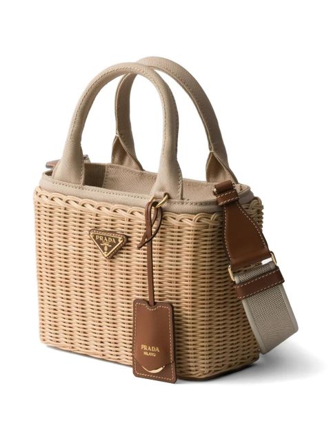 Prada small wicker and canvas tote bag - Neutrals