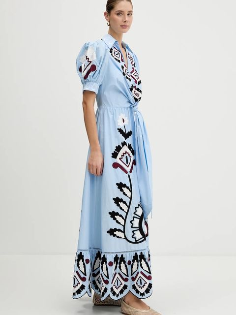 Farm Rio sukienka bawełniana kolor niebieski maxi rozkloszowana 344655