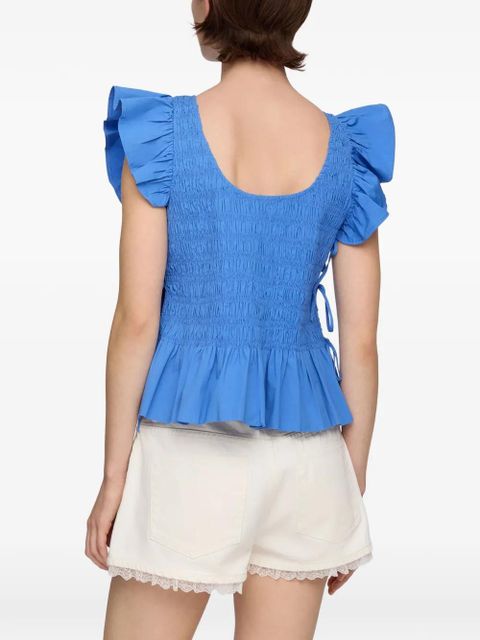 GANNI ruffled-sleeve smocked blouse - Blue