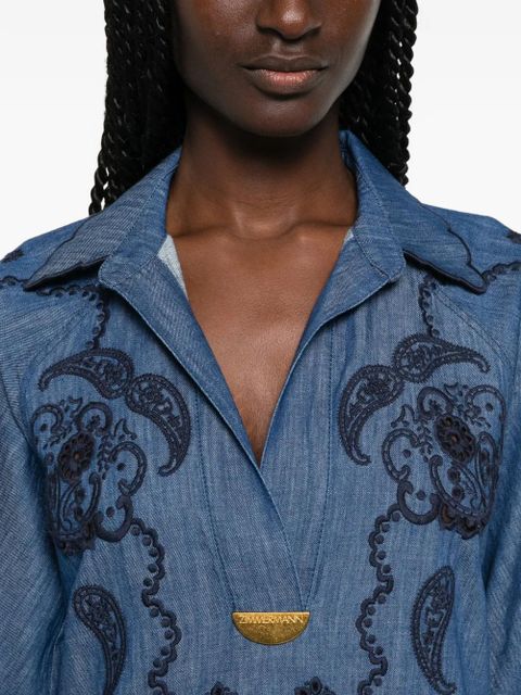 ZIMMERMANN Aster paisley-embroidered scalloped-edge midi dress - Blue
