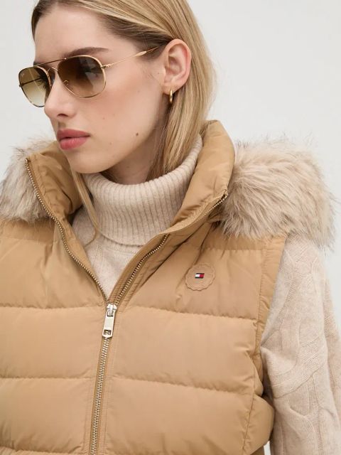 Tommy Hilfiger bezrękawnik puchowy damski kolor brązowy zimowy WW0WW43634