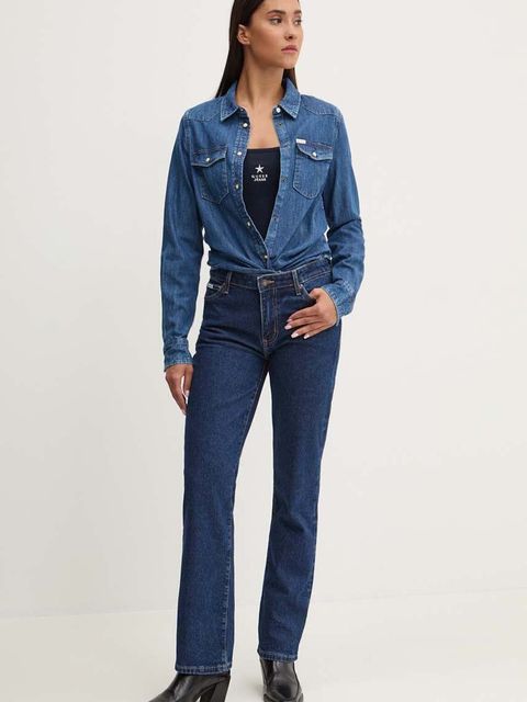 Guess Jeans koszula jeansowa damska kolor niebieski slim z kołnierzykiem klasycznym W4YH35 D5EI3