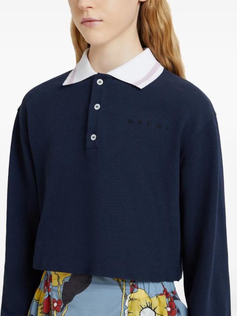 Marni long-sleeve striped-trim polo shirt - Blue