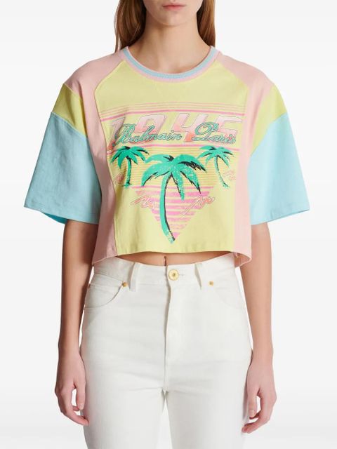 Balmain Palm Tree-print cropped T-shirt - Yellow
