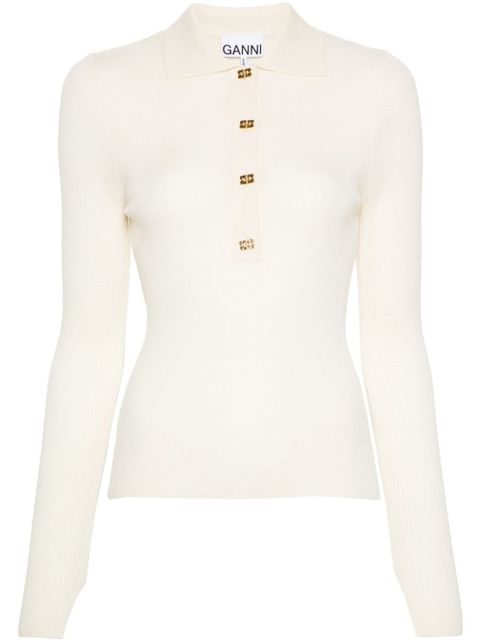 GANNI merino wool polo top - Neutrals