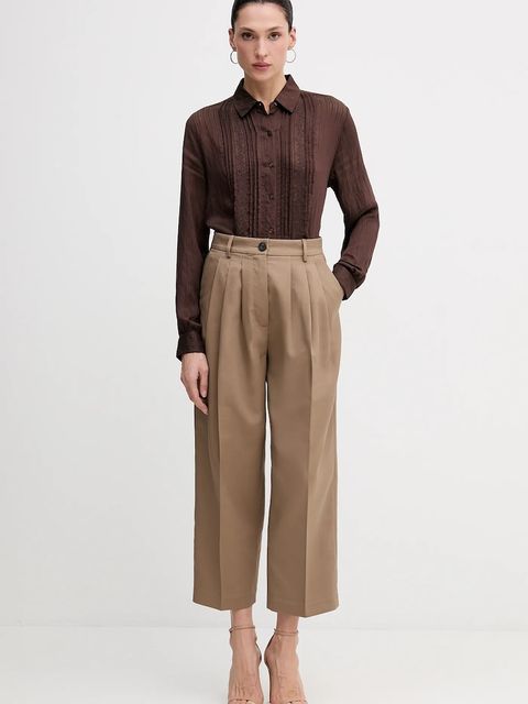 Sisley spodnie damskie kolor brązowy fason cygaretki high waist 4V99LF07S