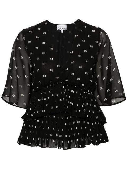 GANNI graphic-print V-neck pleated blouse - Black - zdjęcie produktu nr 1