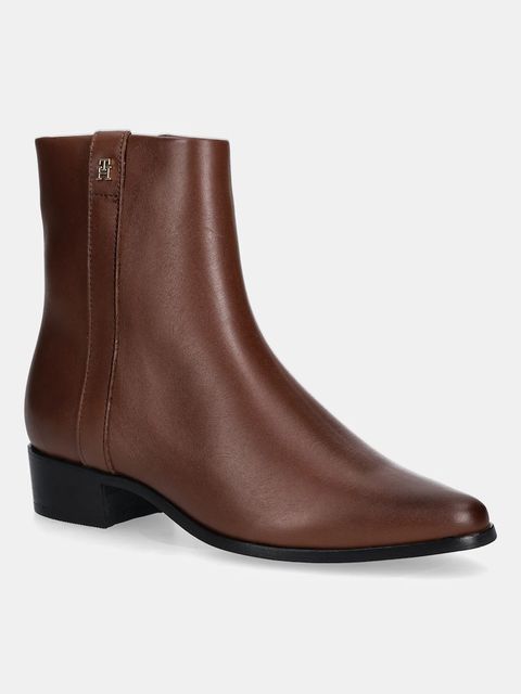 Tommy Hilfiger botki skórzane TH LEATHER POINTY ZIP BOOTIE damskie kolor brązowy na słupku FW0FW08980 - zdjęcie produktu nr 1