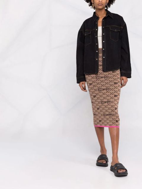 Off-White intarsia-knit Arrows-logo pencil skirt - Brown
