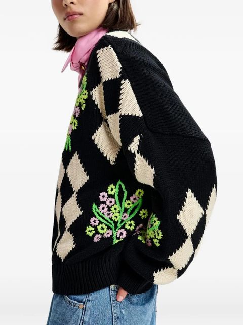 Essentiel Antwerp floral-embellished check-pattern sweater - Black