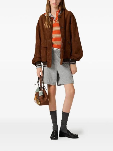 Miu Miu logo-patch suede bomber jacket - Brown