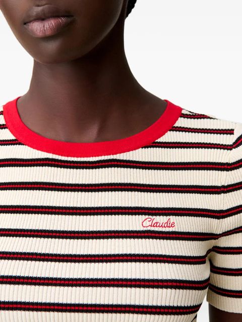 Claudie Pierlot striped embroidered-logo T-shirt - Neutrals